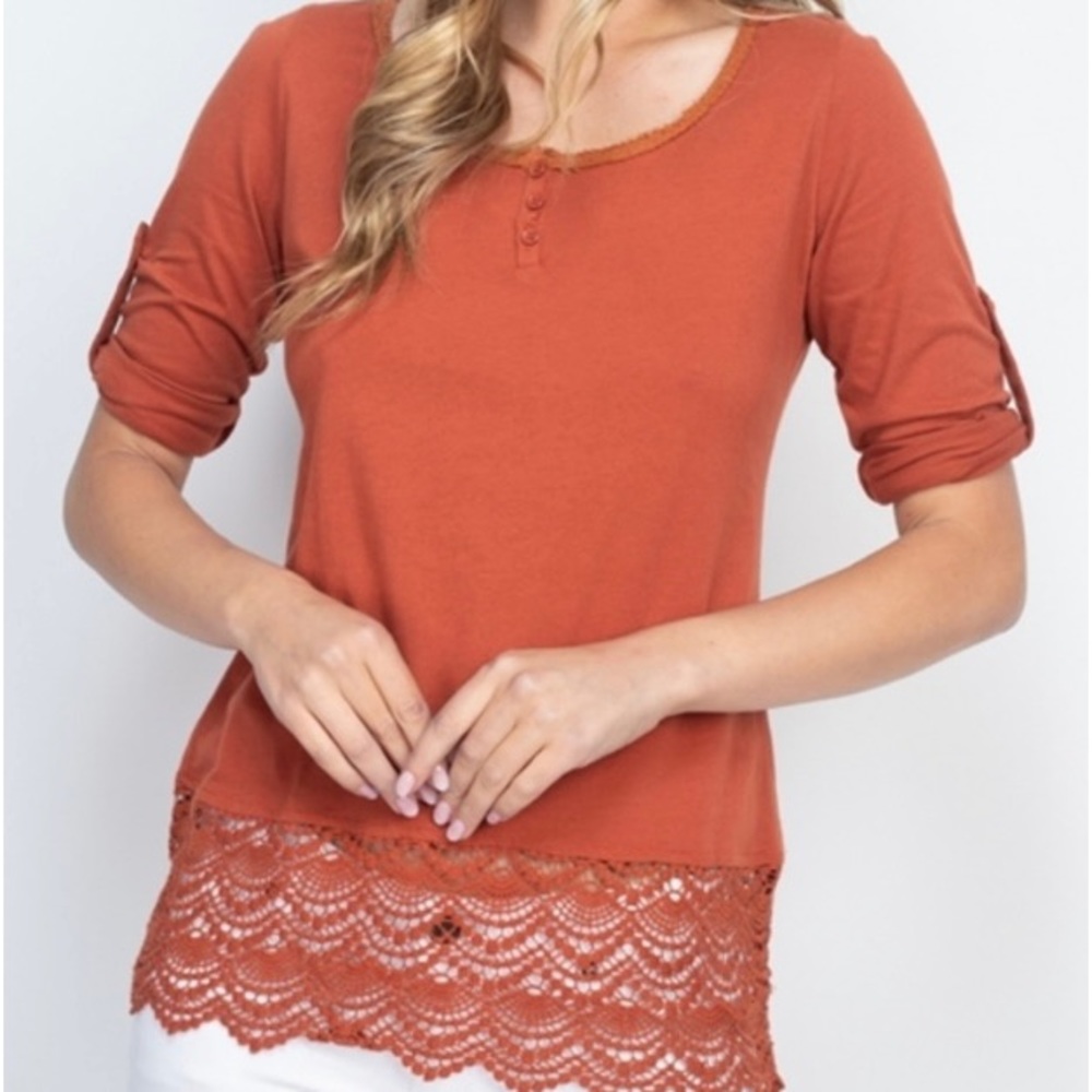 🍊 Great Quality Soft 3/4 Sleeve 100% Cotton Crocheted Rust Color Tee. Sz S, M, L